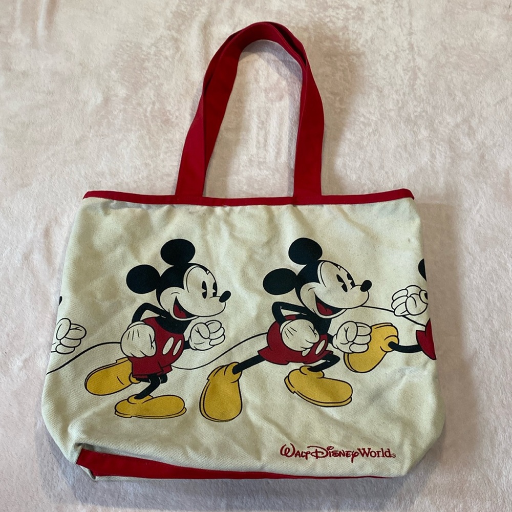 Disney Parks Disney World Canvas Mickey Mouse Red Tote Bag Snap Closure